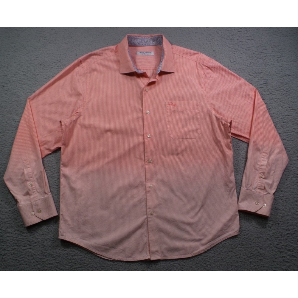 Tommy Bahama Shirt Mens Size Large Orange Striped Fading Button Up Long Sleeve
